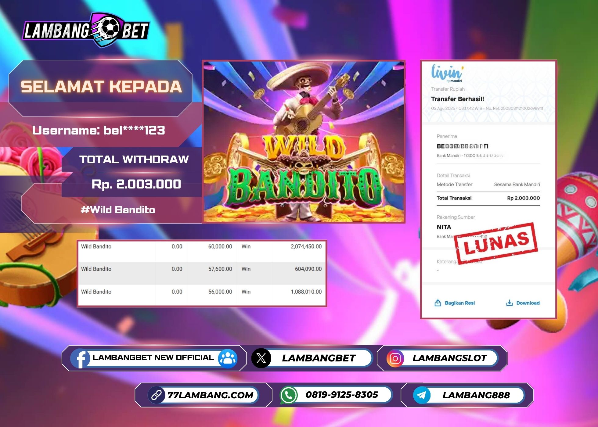 LAMBANGBET [3 AUGUST 2025] JACKPOT SLOT Wild Bandito "Rp2.003.000" LUNAS